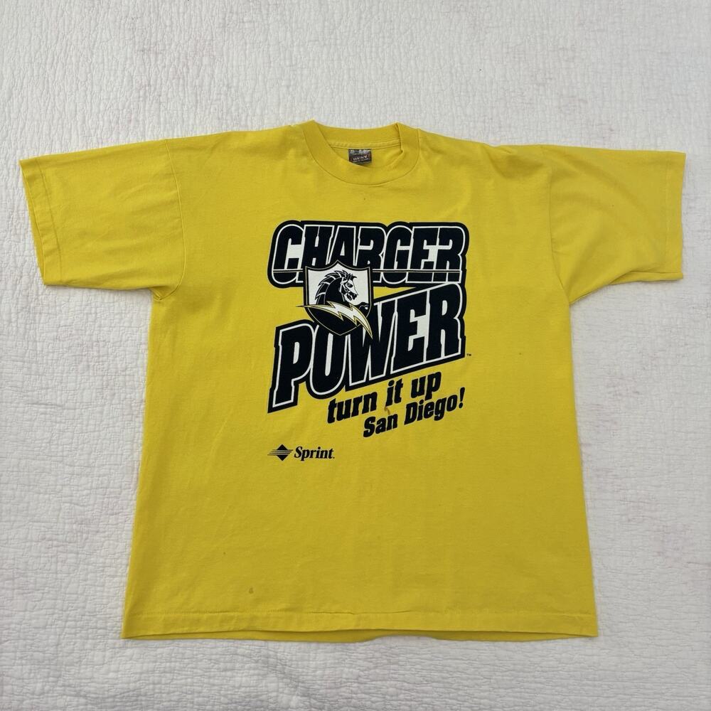 Vintage 90s NFL San Diego Chargers Charger Power Yellow T-Shirt Size XL USA Made